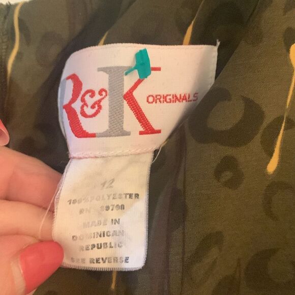 R&K ORIGINALS DRESS MAXI OLIVE GREEN/GOLD CHEETAH PRINT SLEEVELESS SZ 12 - Picture 5 of 8